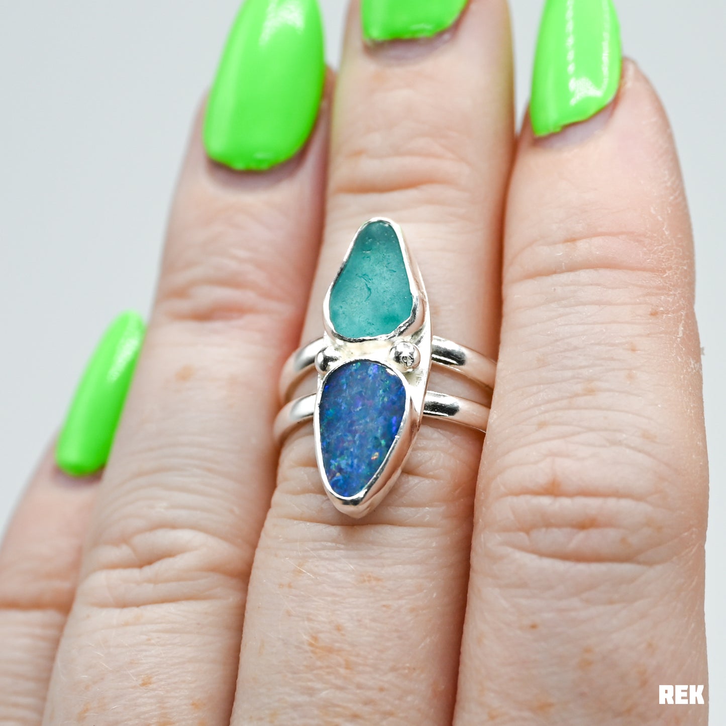 Aqua sea glass and Australian opal size 7