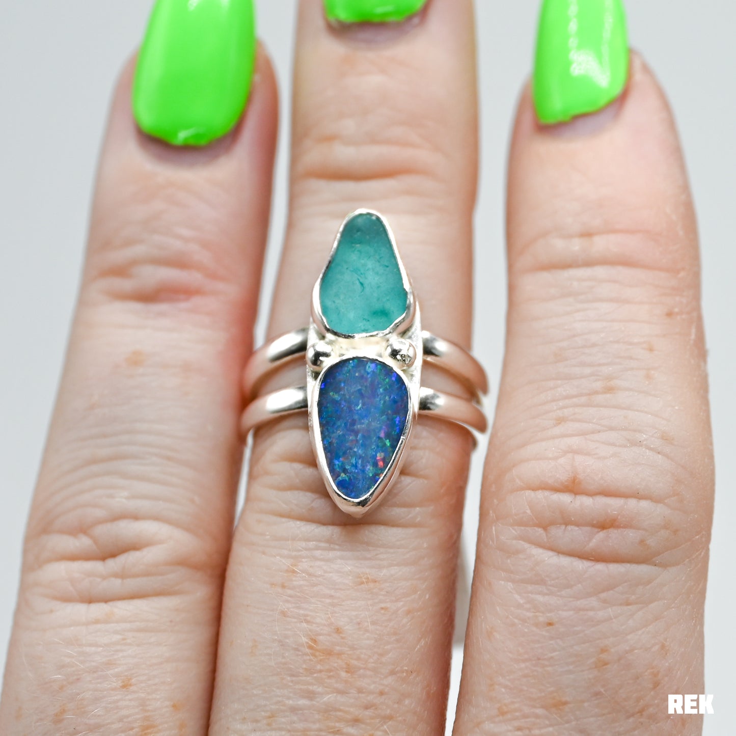 Aqua sea glass and Australian opal size 7
