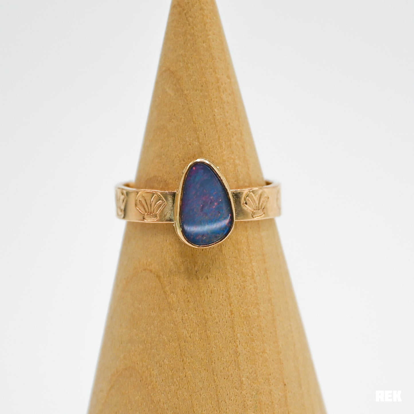 Gold fill shell stamped band with Australian opal size 8.25
