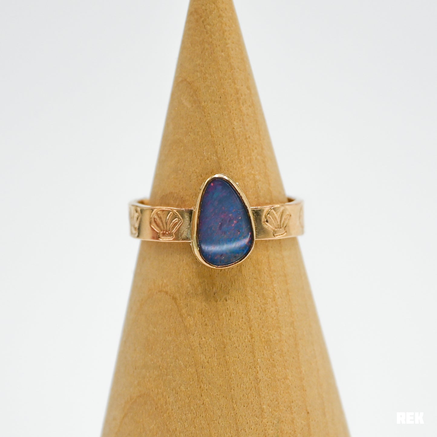 Gold fill shell stamped band with Australian opal size 8.25