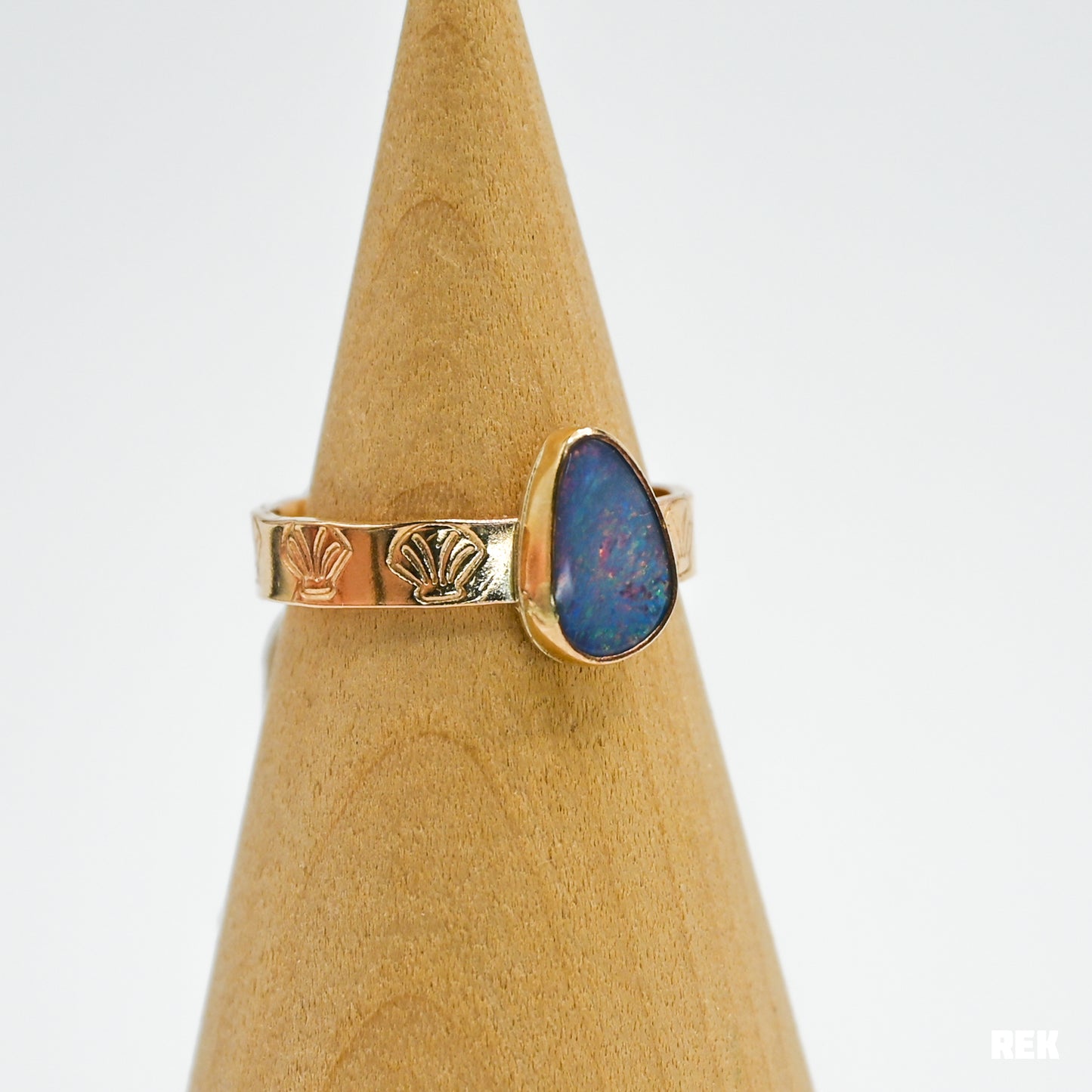 Gold fill shell stamped band with Australian opal size 8.25