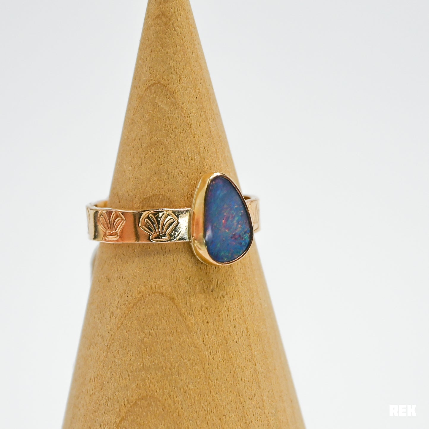 Gold fill shell stamped band with Australian opal size 8.25
