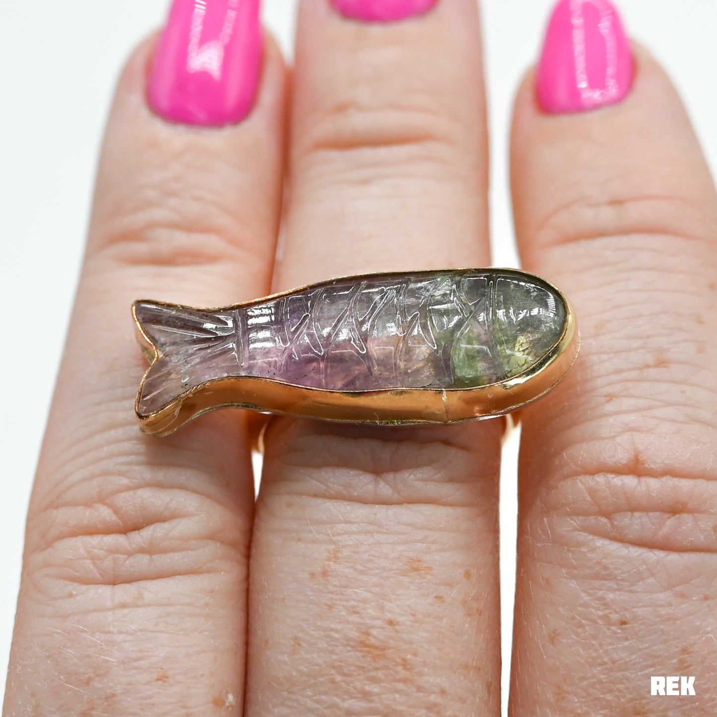 Gold fill carved flourite fish size 7