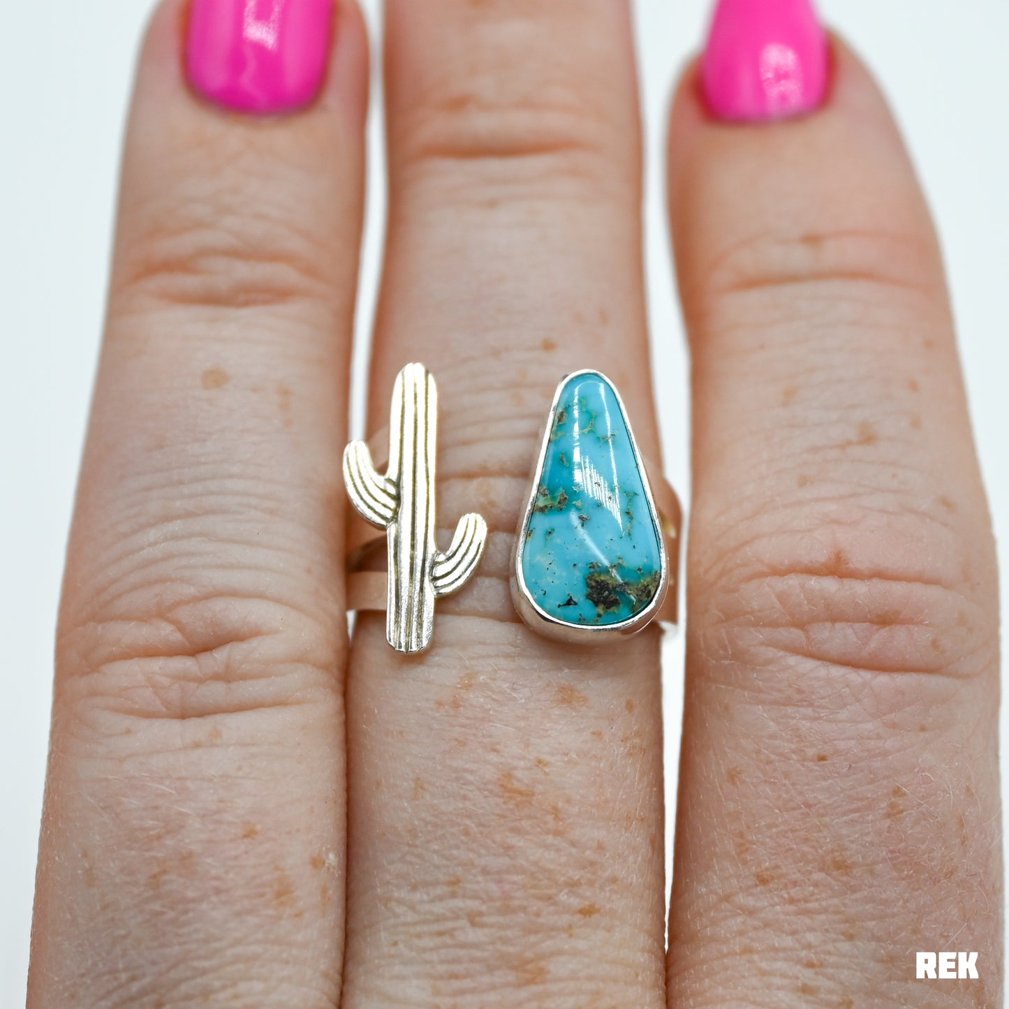 Adjustable turquoise mountain and cactus size 7.25