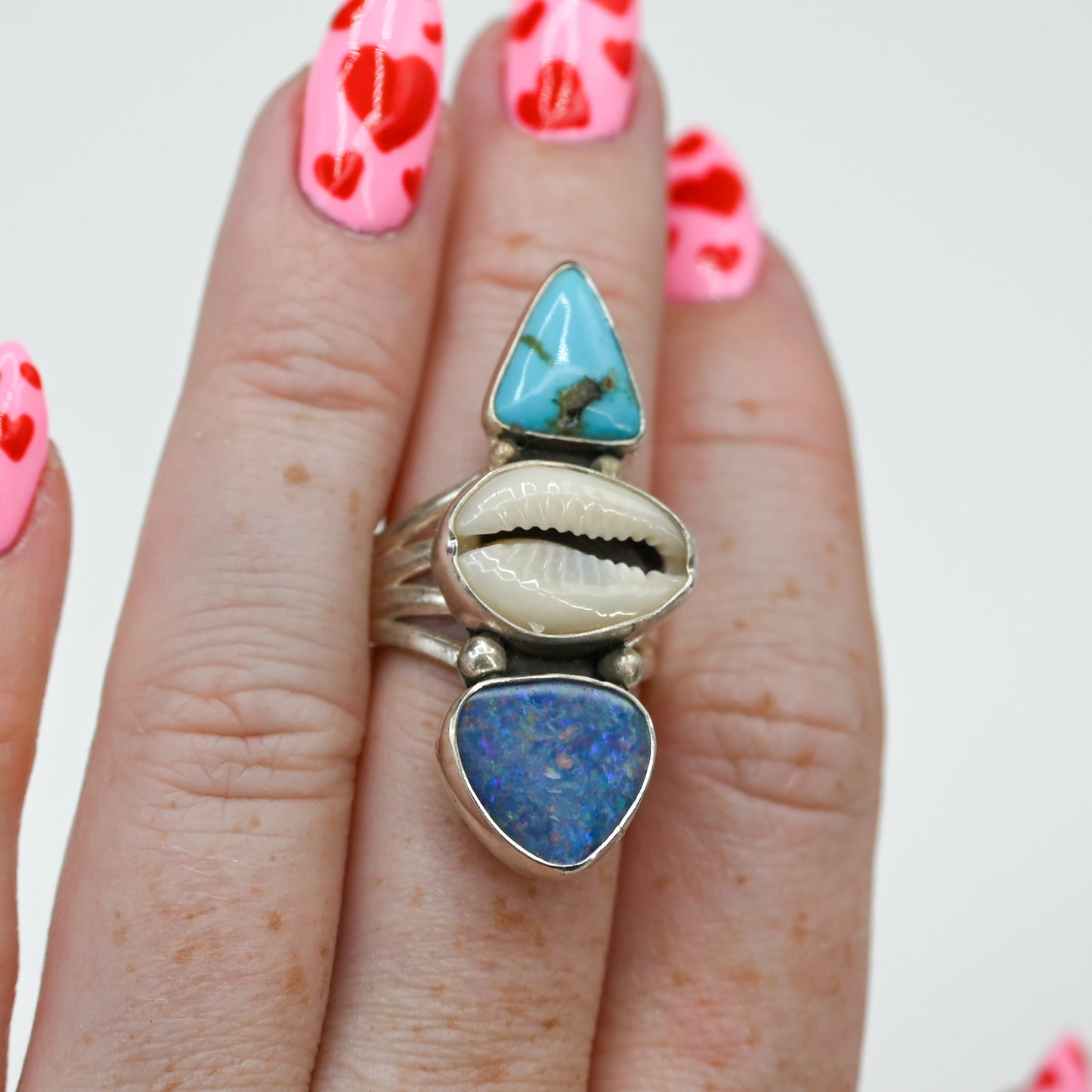 Triple cowrie, Australian opal and kingman turquoise size 7