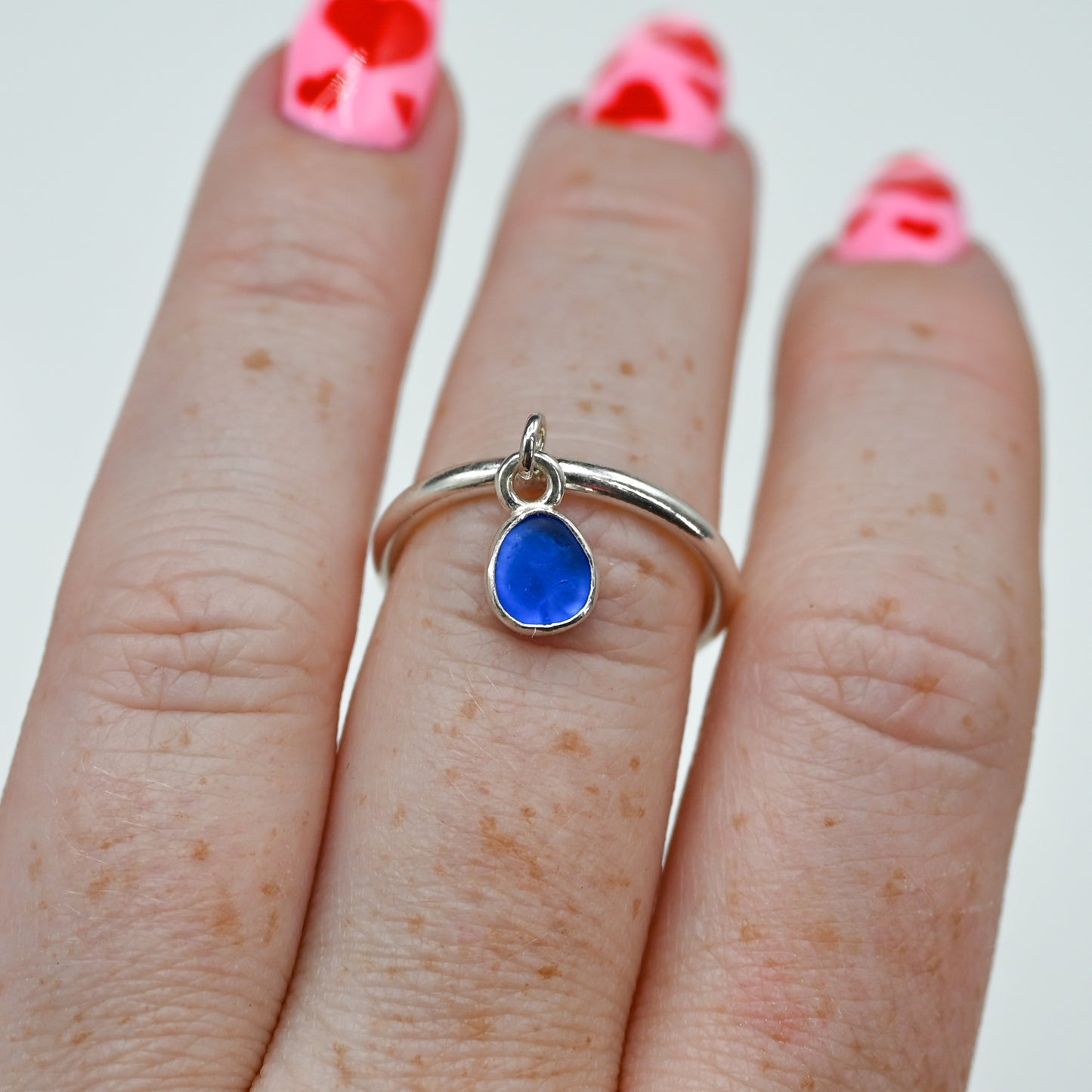 Cobalt sea glass charm dangle ring size 7