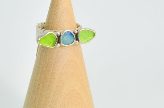Triple Sea Glass and Australian Opal Size 8