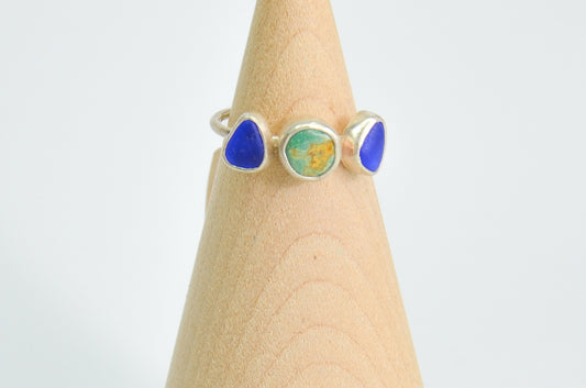 Triple Sea Glass And Turquoise Ring Size 6.75