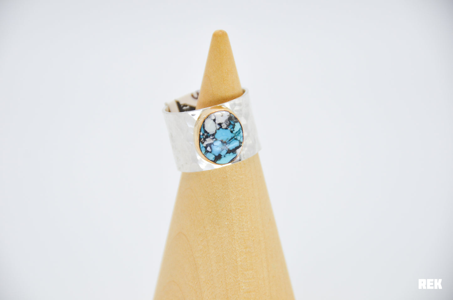 Chunky Sterling Silver Band and Gold Fill Pilot Mountain Turquoise and White Buffalo Size 8.5