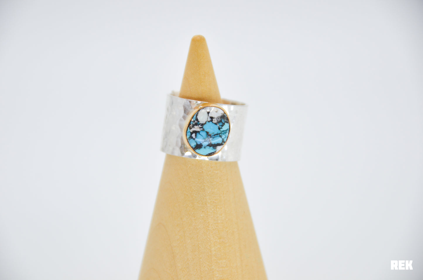 Chunky Sterling Silver Band and Gold Fill Pilot Mountain Turquoise and White Buffalo Size 8.5