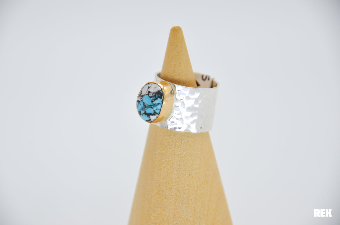 Chunky Sterling Silver Band and Gold Fill Pilot Mountain Turquoise and White Buffalo Size 8.5