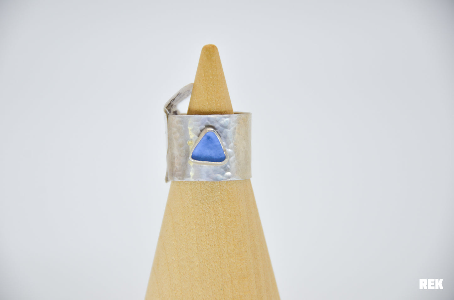 Wide silver band cornflower sea glass size 8