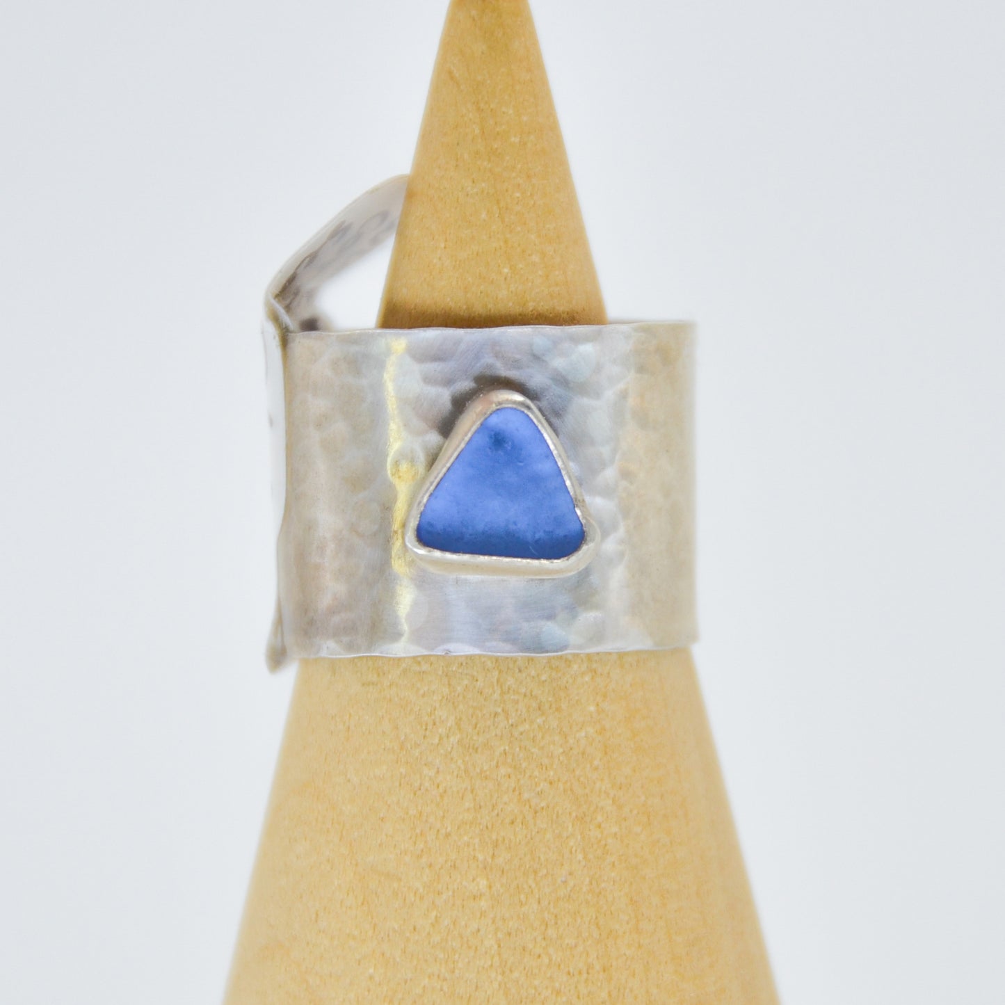 Wide silver band cornflower sea glass size 8