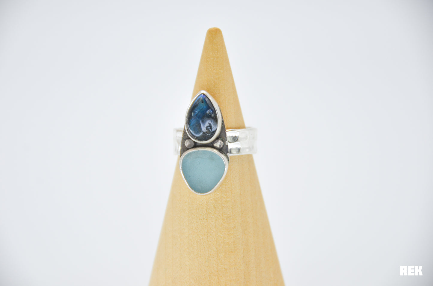 Aqua sea glass and labradorite size 8