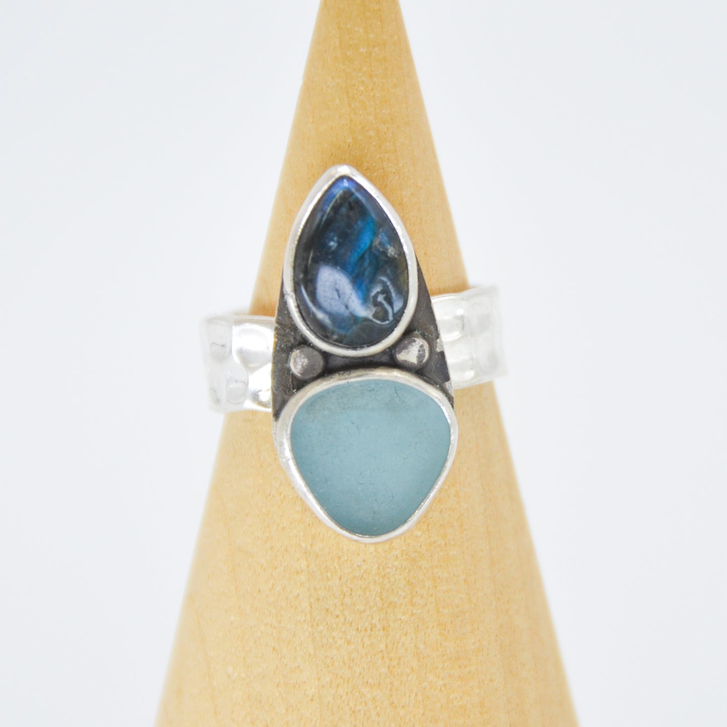 Aqua sea glass and labradorite size 8