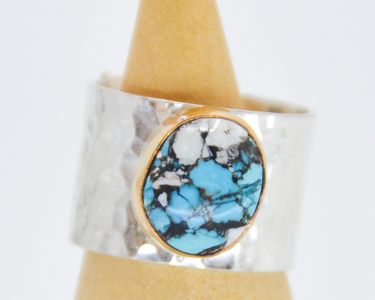 Chunky Sterling Silver Band and Gold Fill Pilot Mountain Turquoise and White Buffalo Size 8.5