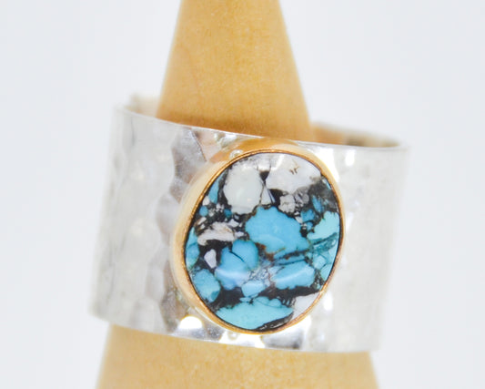 Chunky Sterling Silver Band and Gold Fill Pilot Mountain Turquoise and White Buffalo Size 8.5