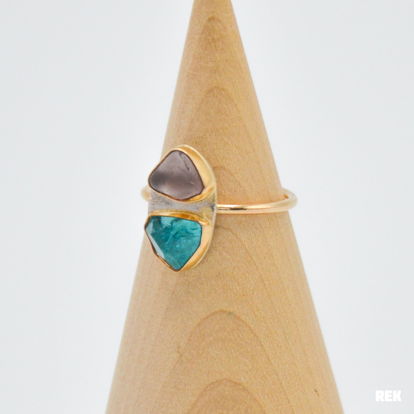 Gold fill double lavender sea glass and rose cut apatite size 9