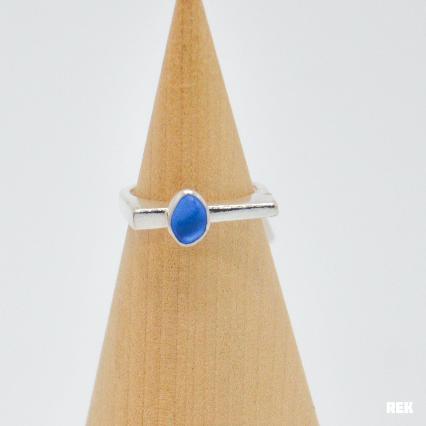 Cornflower sea glass bar ring size 7
