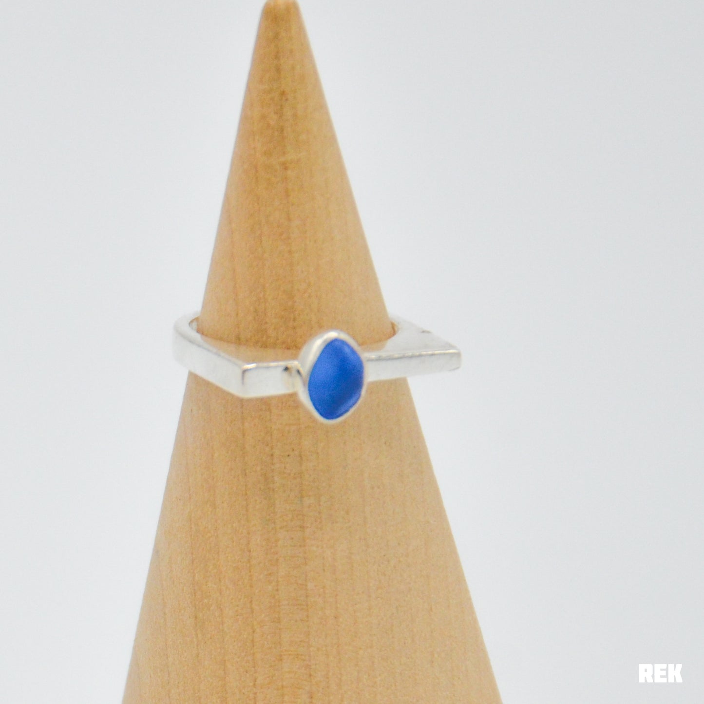 Cornflower sea glass bar ring size 7