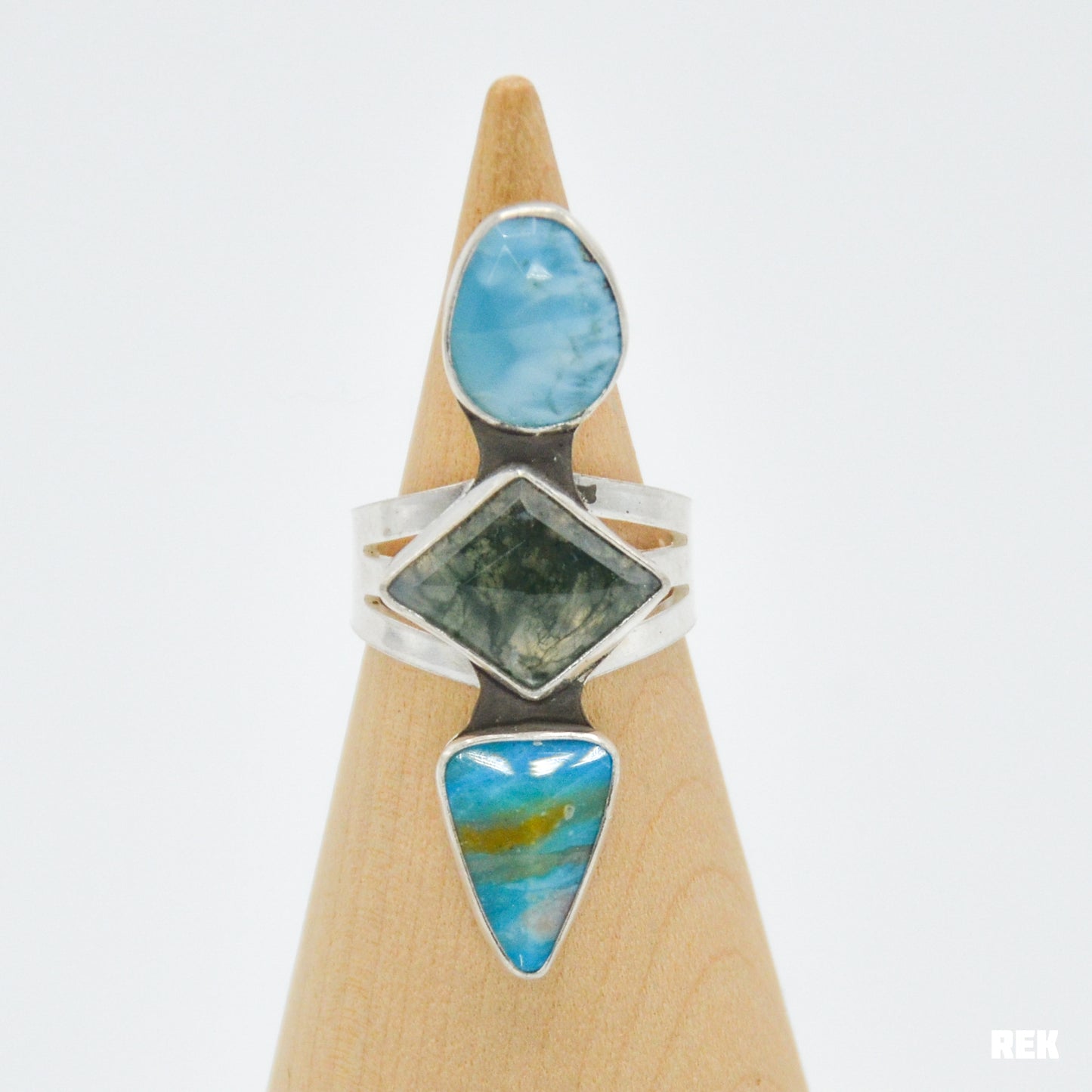 Triple larimar, moss agate, peruvian opal size 8