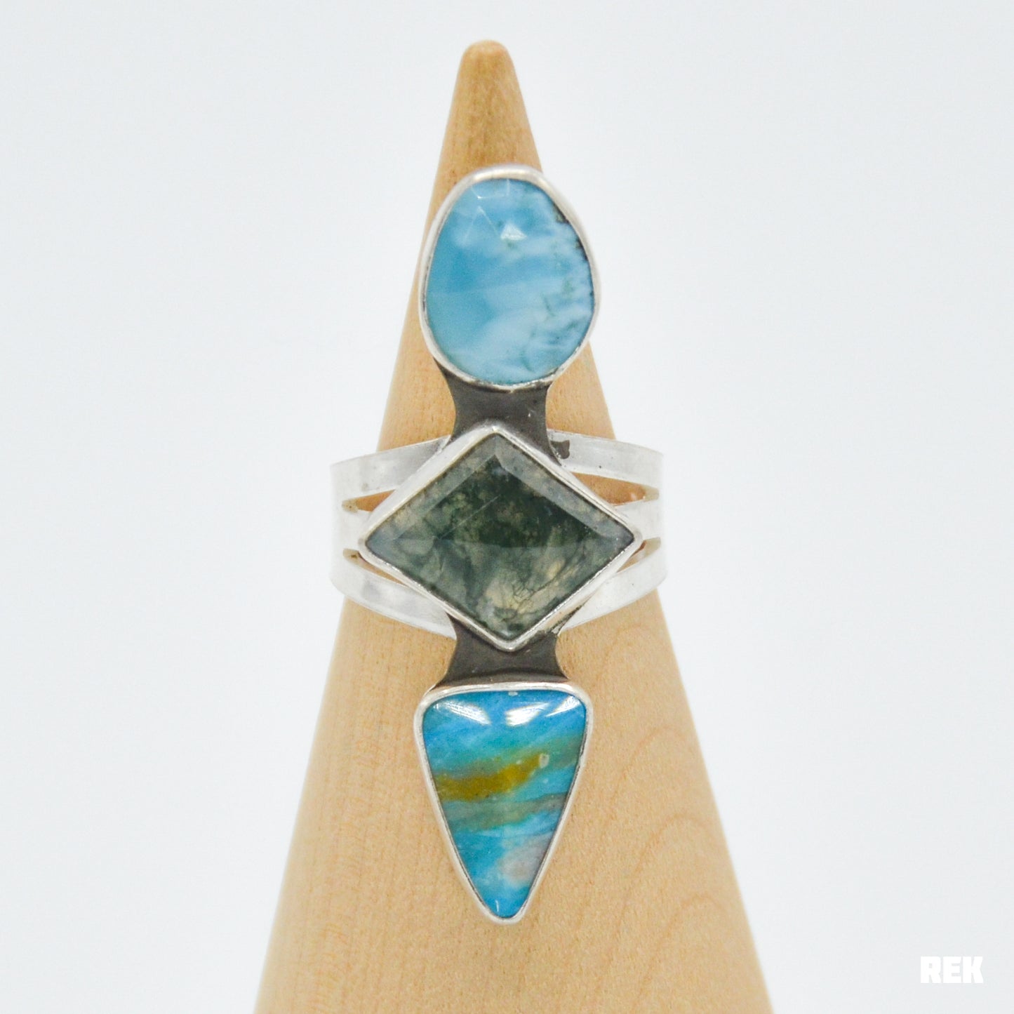 Triple larimar, moss agate, peruvian opal size 8