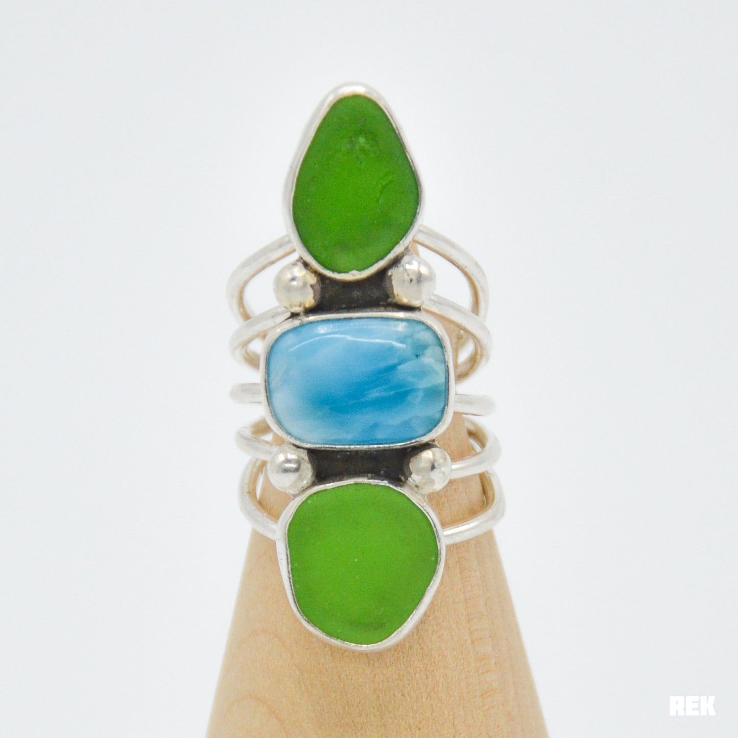 Triple green sea glass and larimar size 7.5