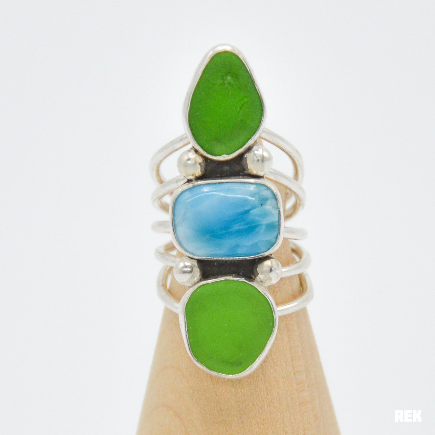 Triple green sea glass and larimar size 7.5