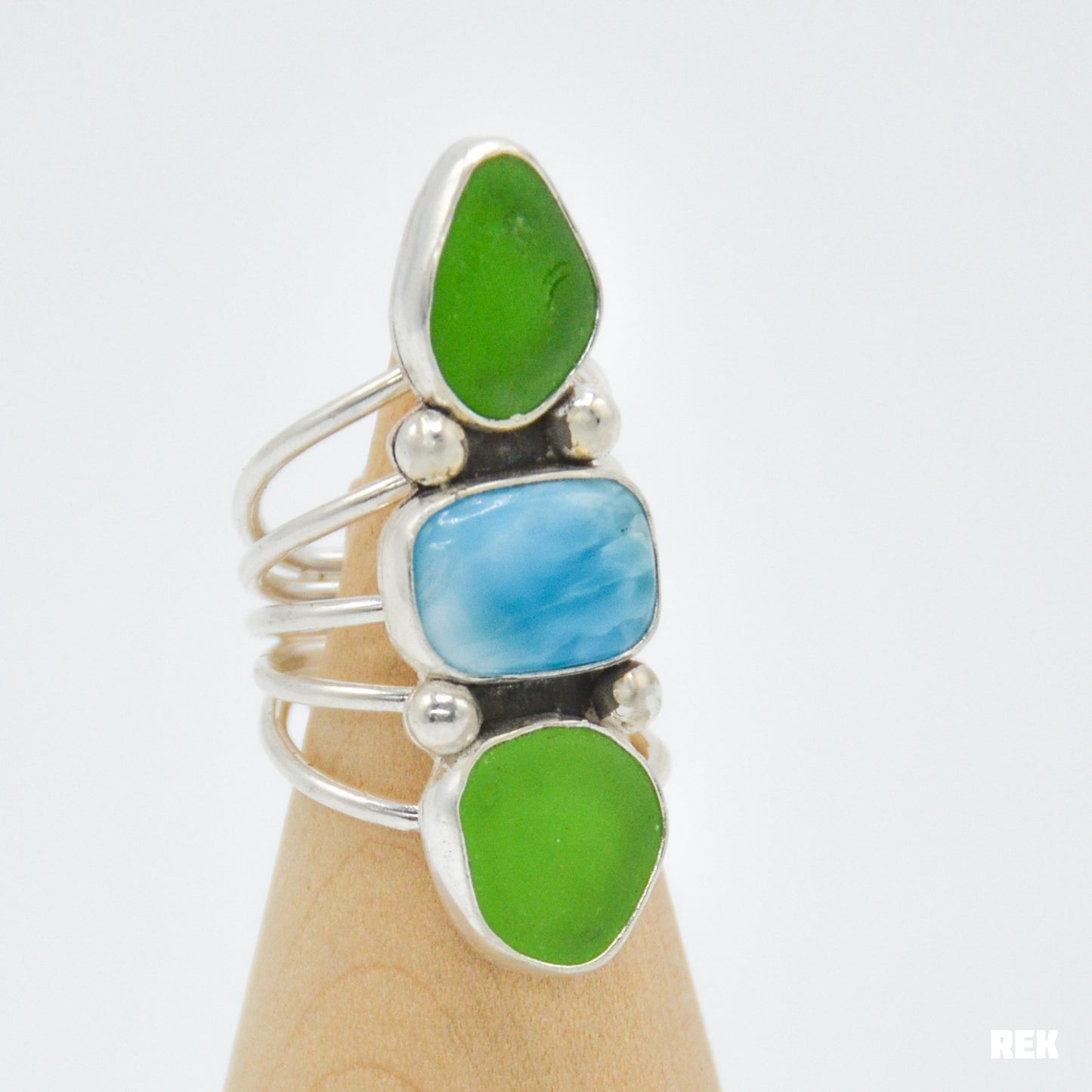 Triple green sea glass and larimar size 7.5