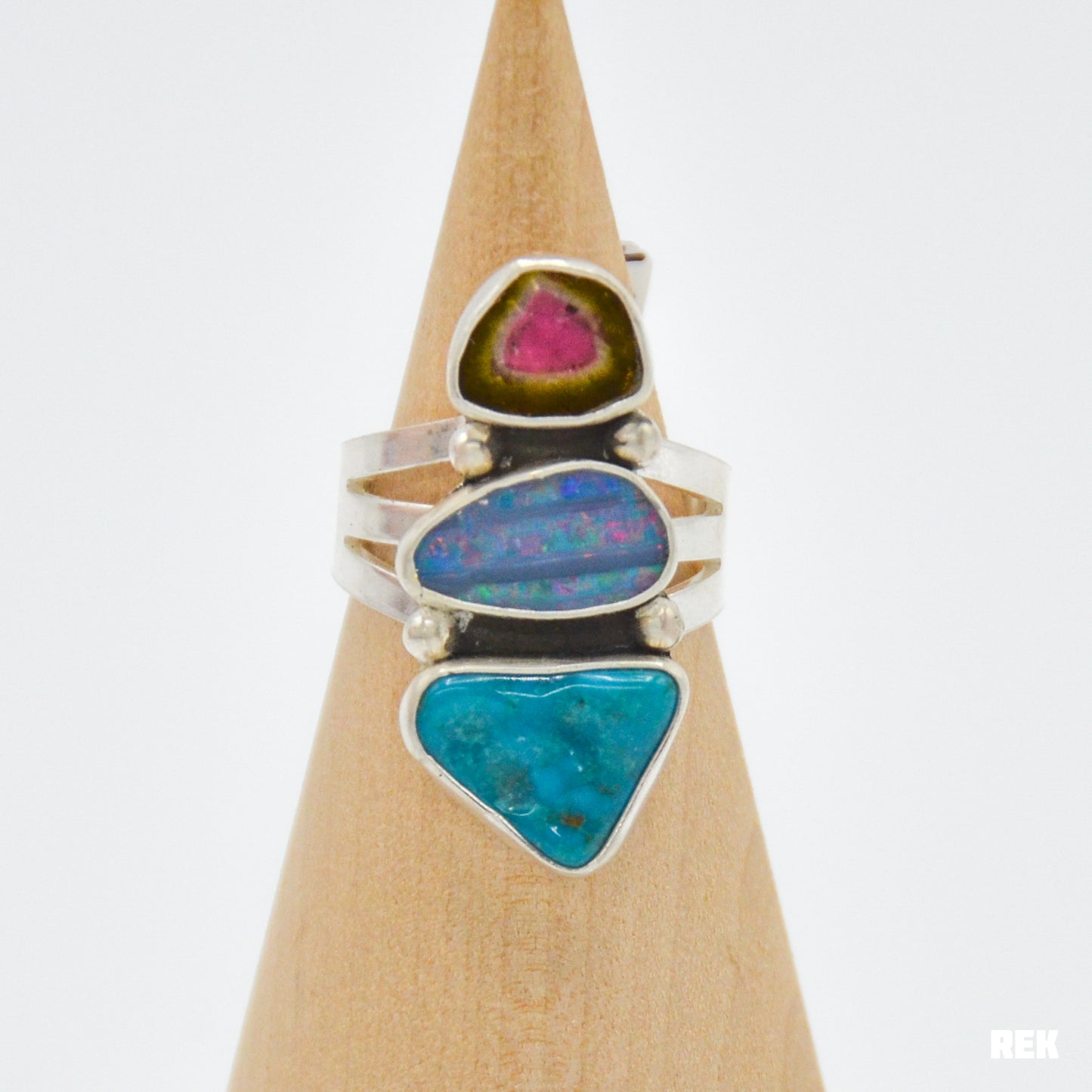 Triple watermelon tourmaline, Australian opal, and blue bird turquoise size 8.75