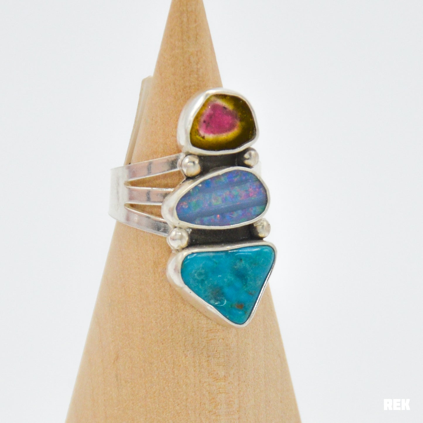 Triple watermelon tourmaline, Australian opal, and blue bird turquoise size 8.75