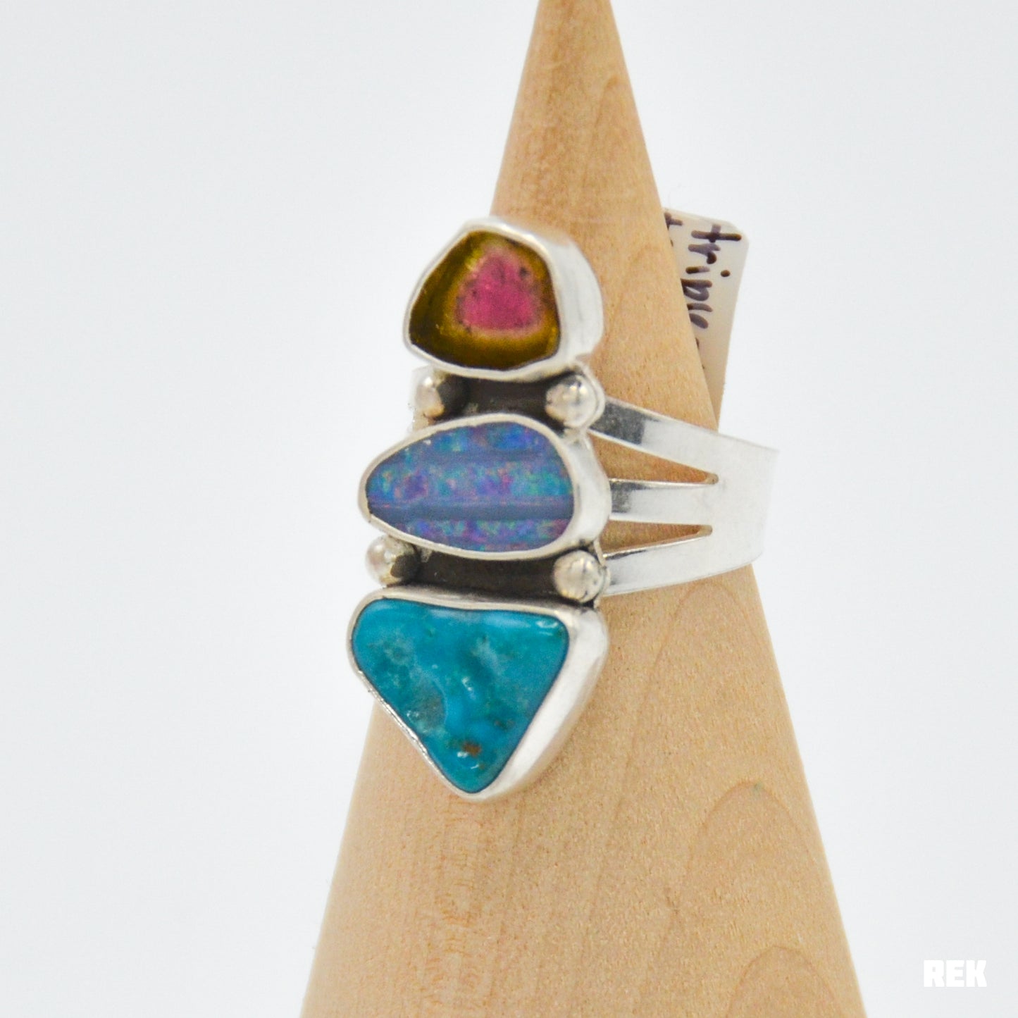 Triple watermelon tourmaline, Australian opal, and blue bird turquoise size 8.75