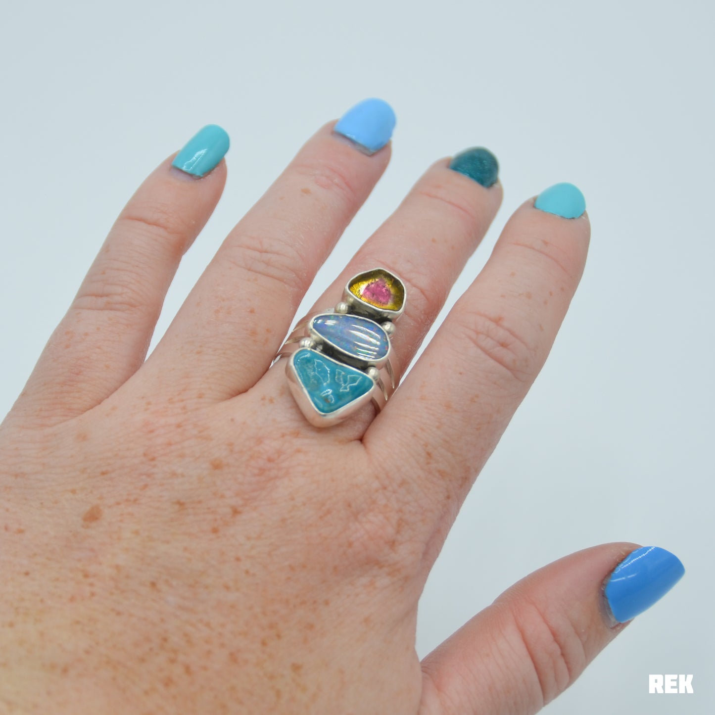 Triple watermelon tourmaline, Australian opal, and blue bird turquoise size 8.75