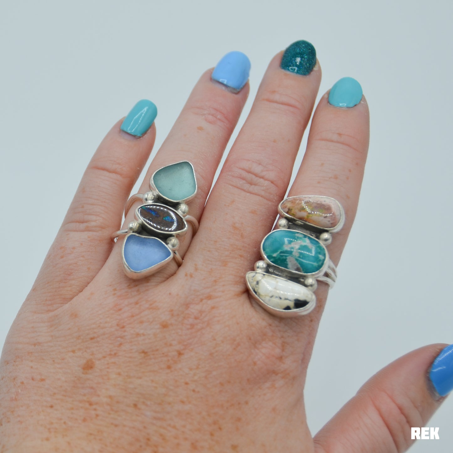 Triple Mexican fire opal, whitewater turquoise, white buffalo size 8