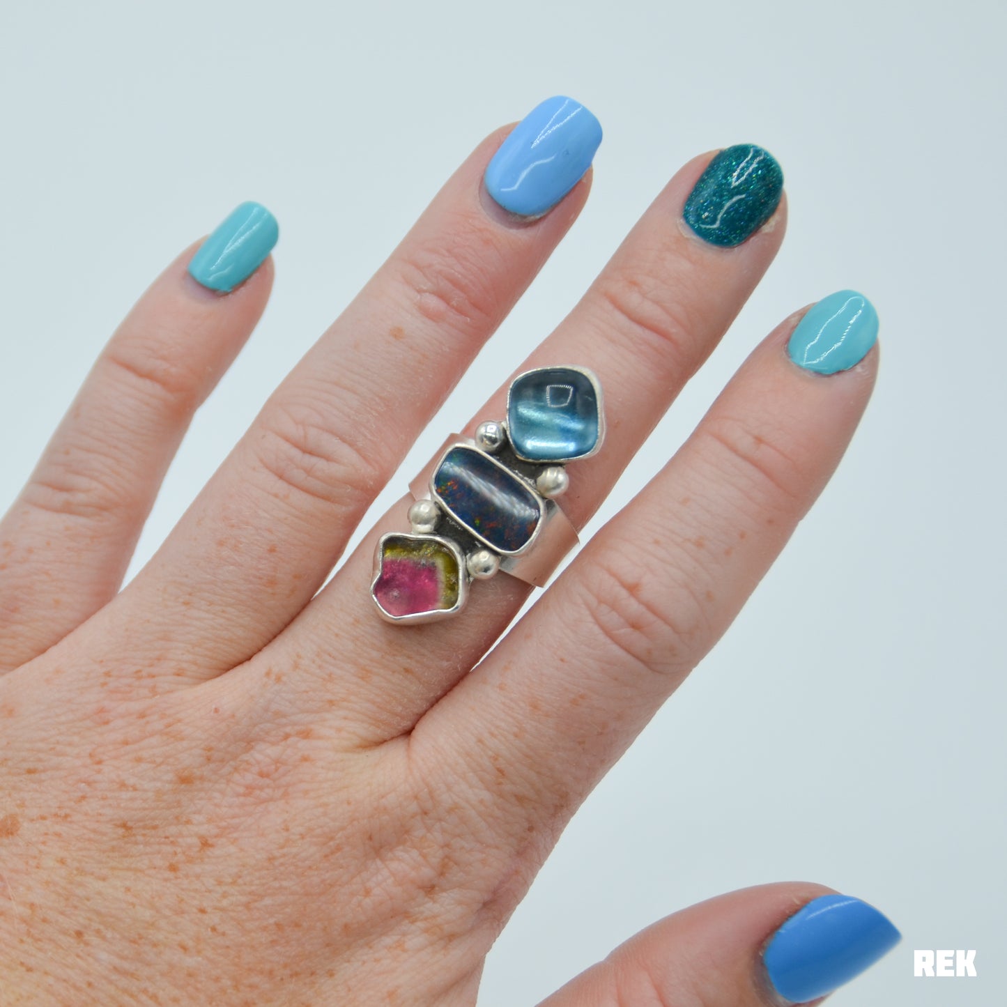 Triple flourite, Australian opal and watermelon tourmaline size 7.25