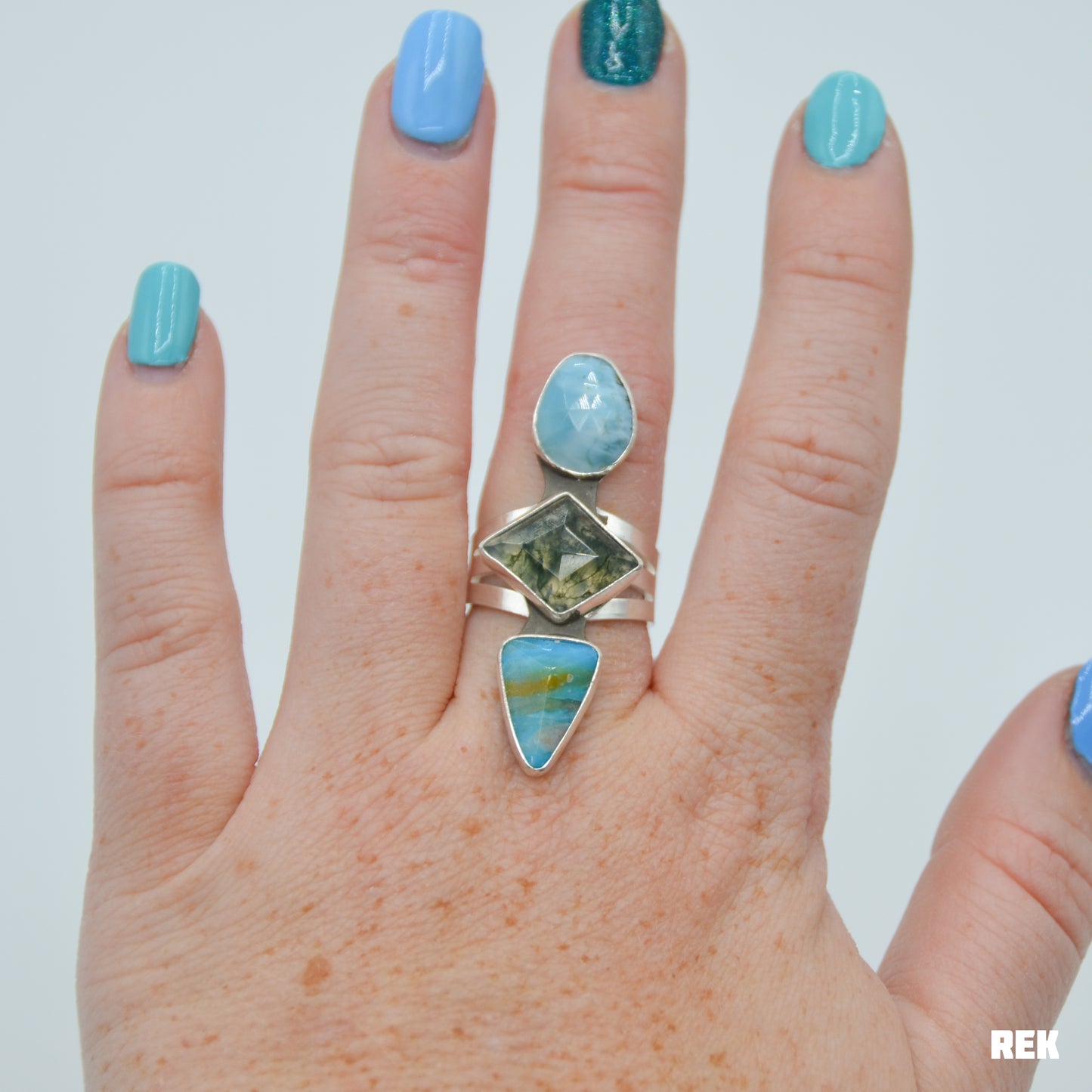 Triple larimar, moss agate, peruvian opal size 8