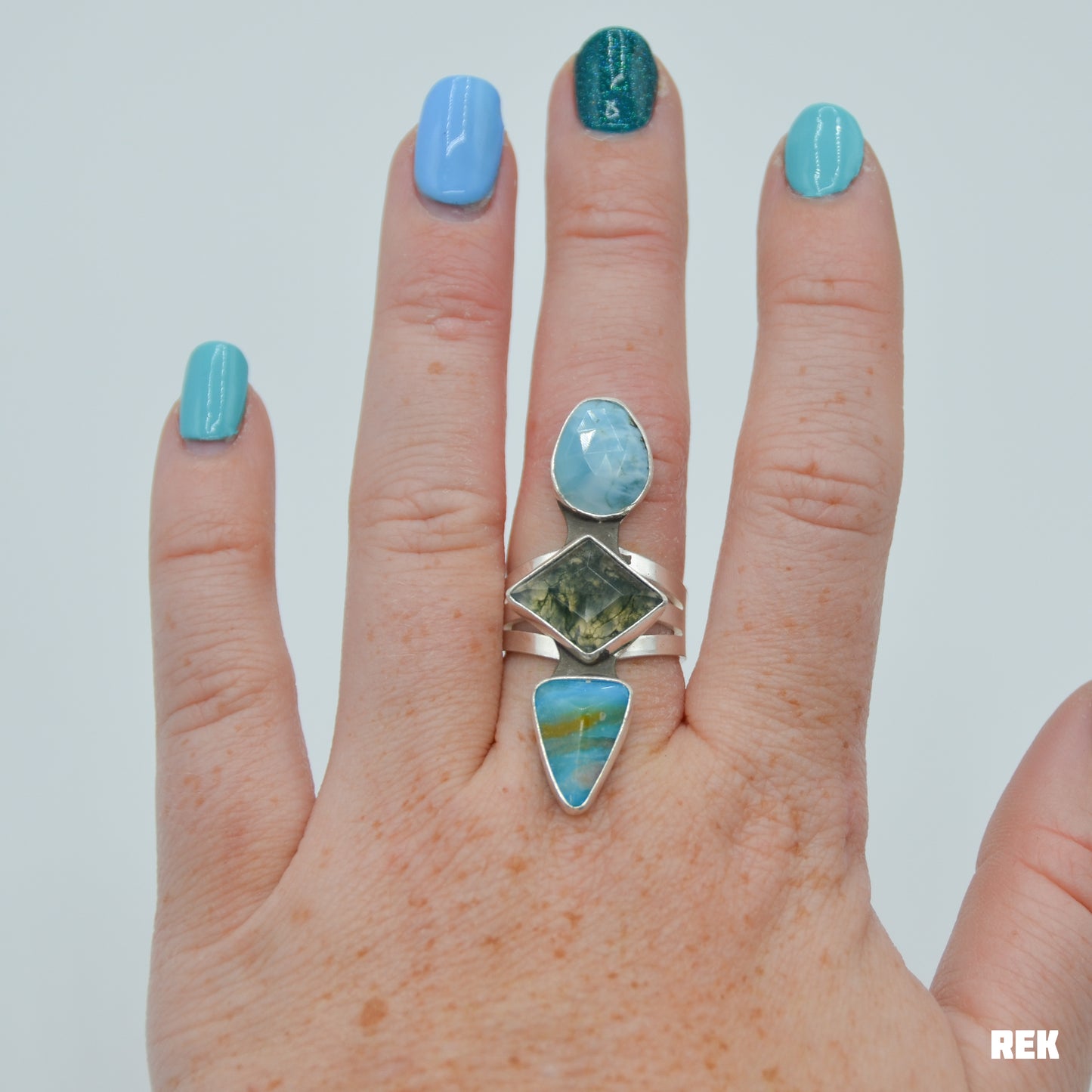Triple larimar, moss agate, peruvian opal size 8
