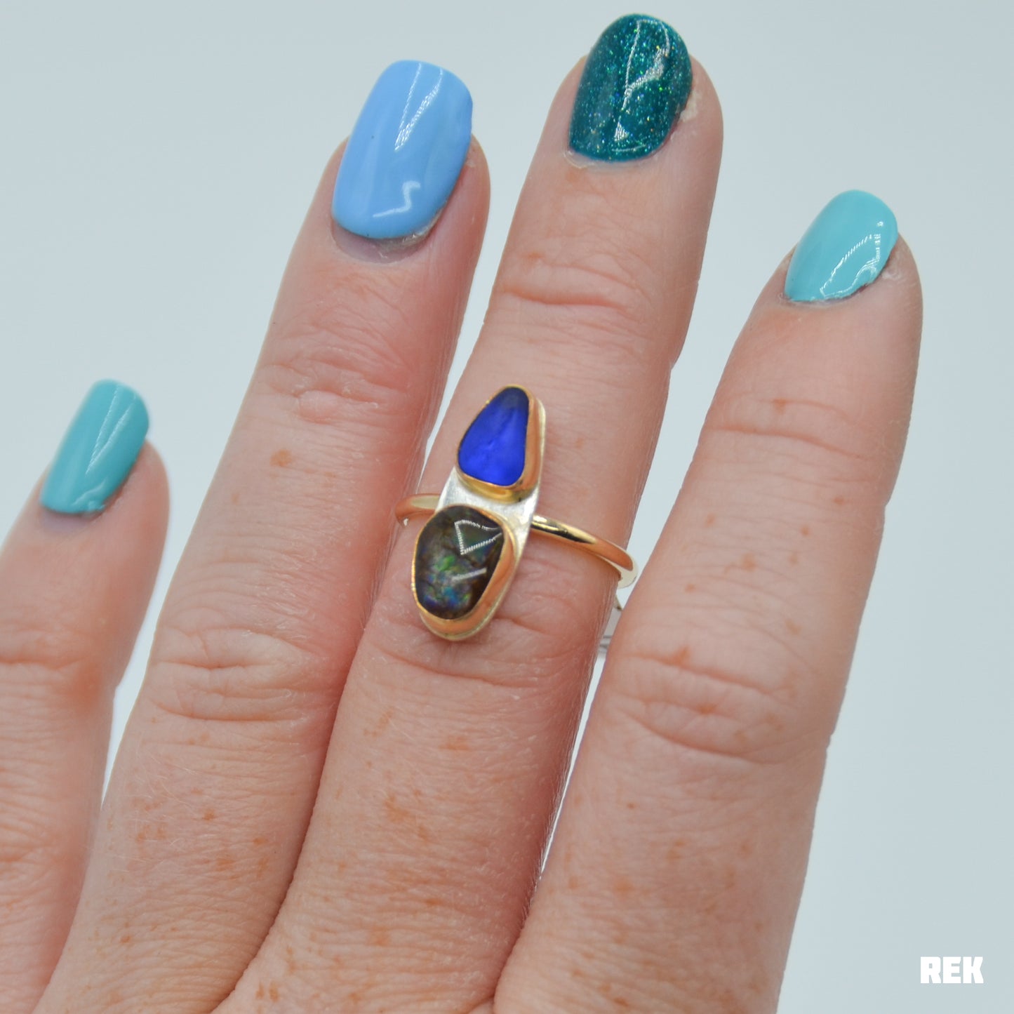 Gold fill double cobalt sea glass and ammolite size 6.25