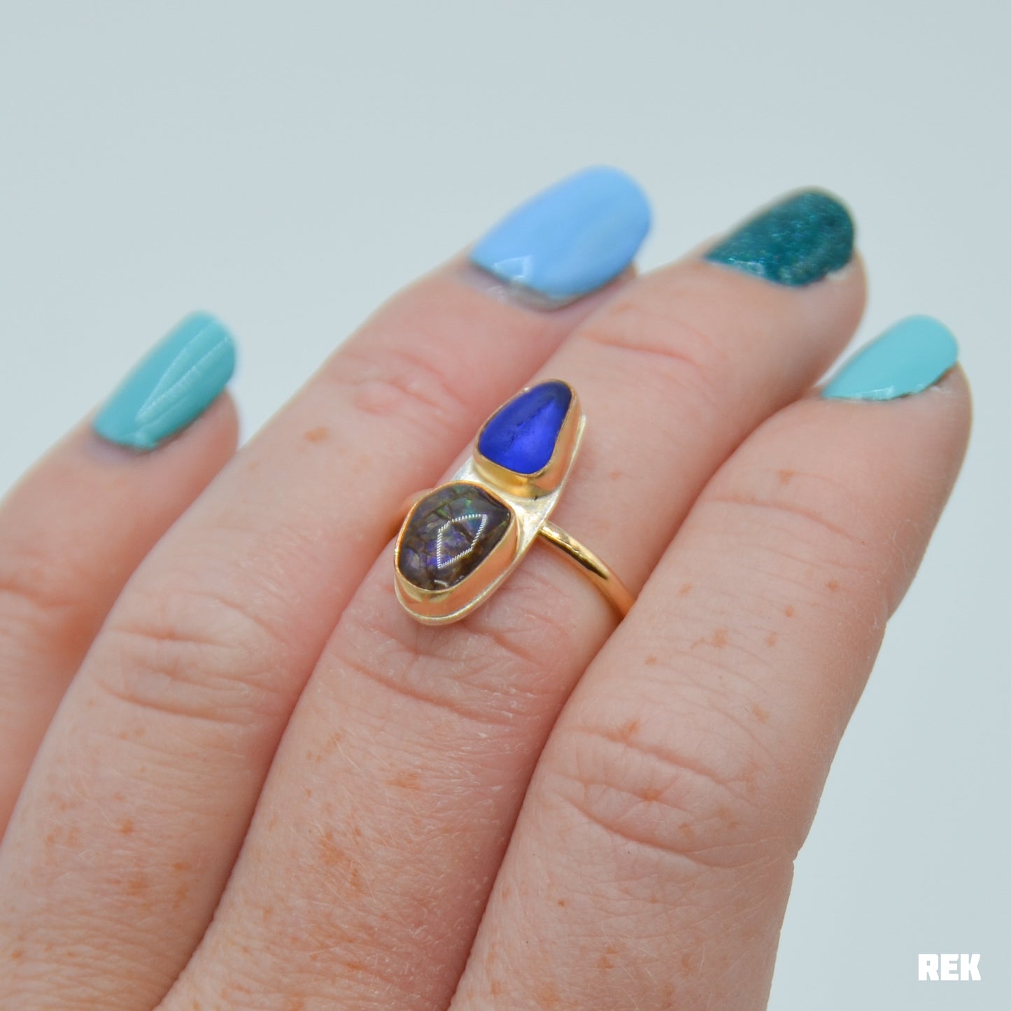 Gold fill double cobalt sea glass and ammolite size 6.25