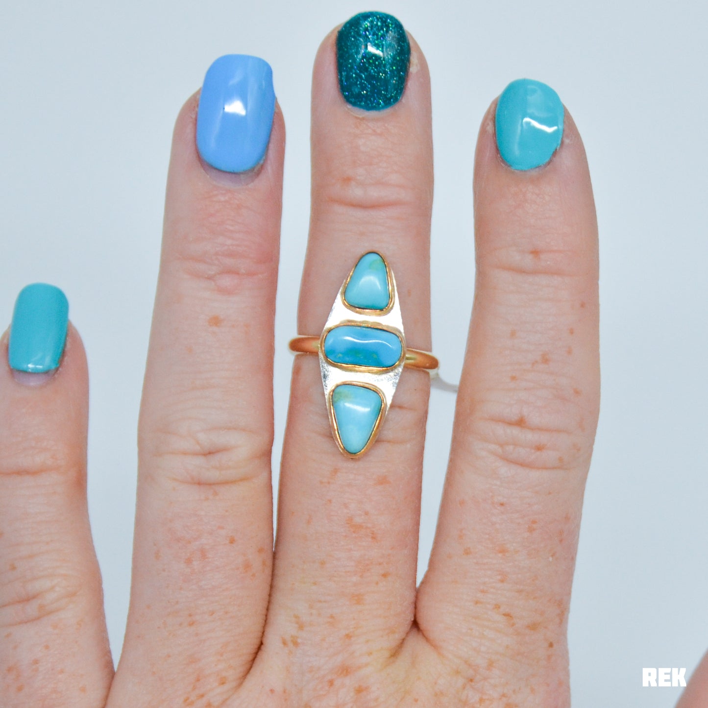 Gold fill triple AZ South hill turquoise size 7