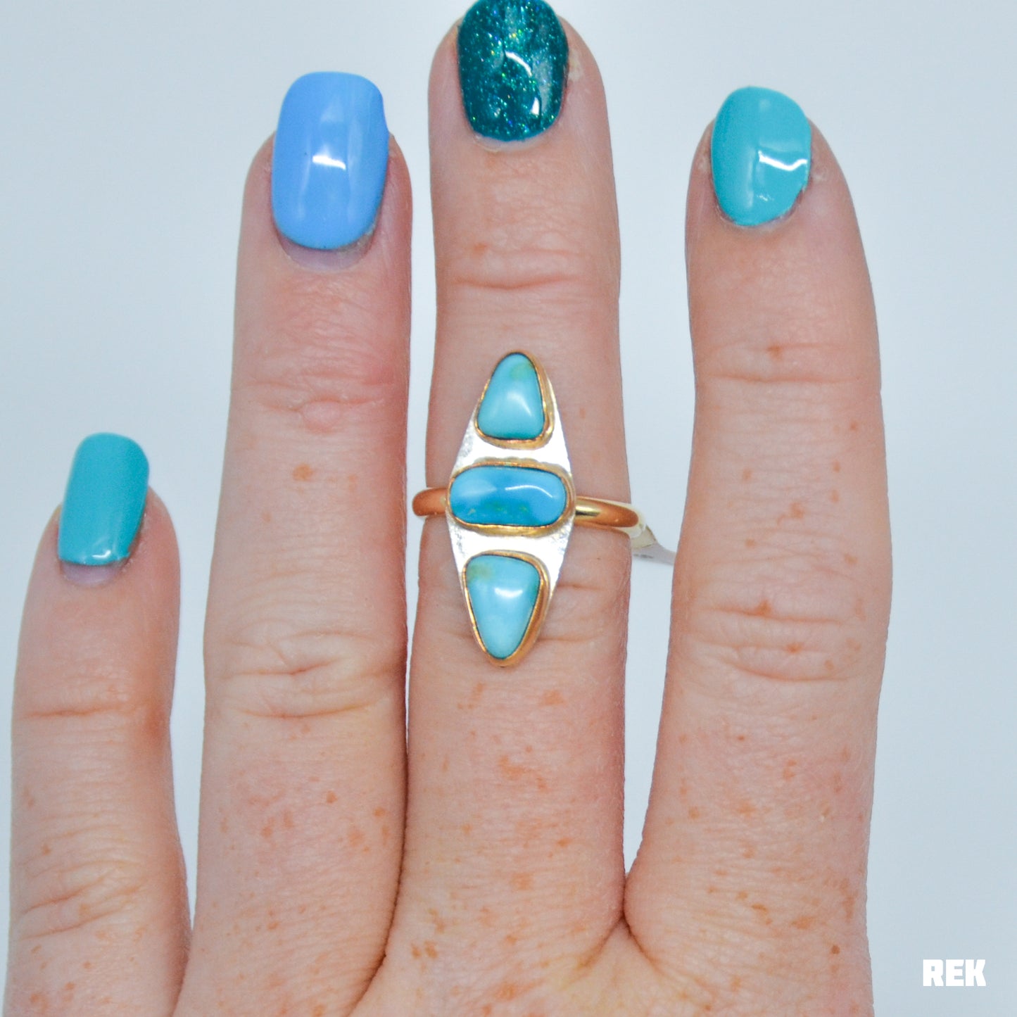 Gold fill triple AZ South hill turquoise size 7