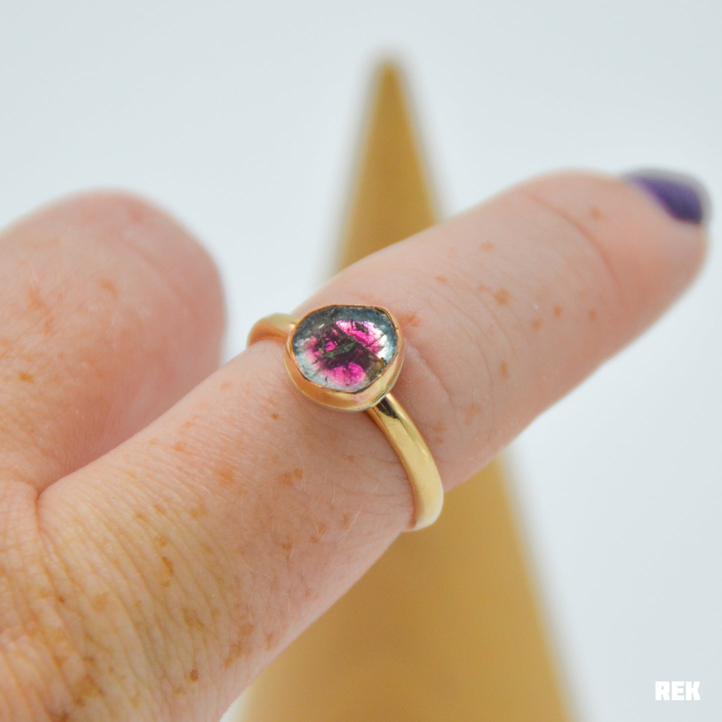 Gold fill watermelon tourmaline slice Size 8