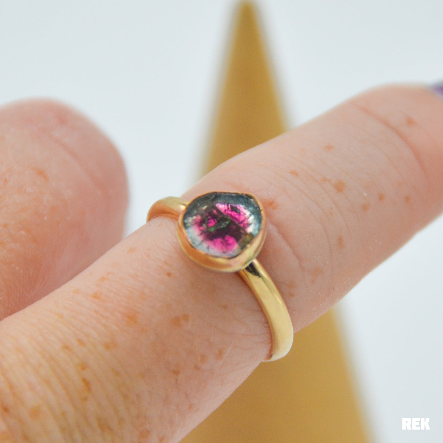 Gold fill watermelon tourmaline slice Size 8