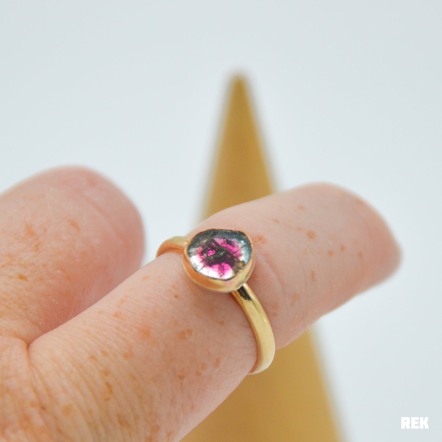 Gold fill watermelon tourmaline slice Size 8