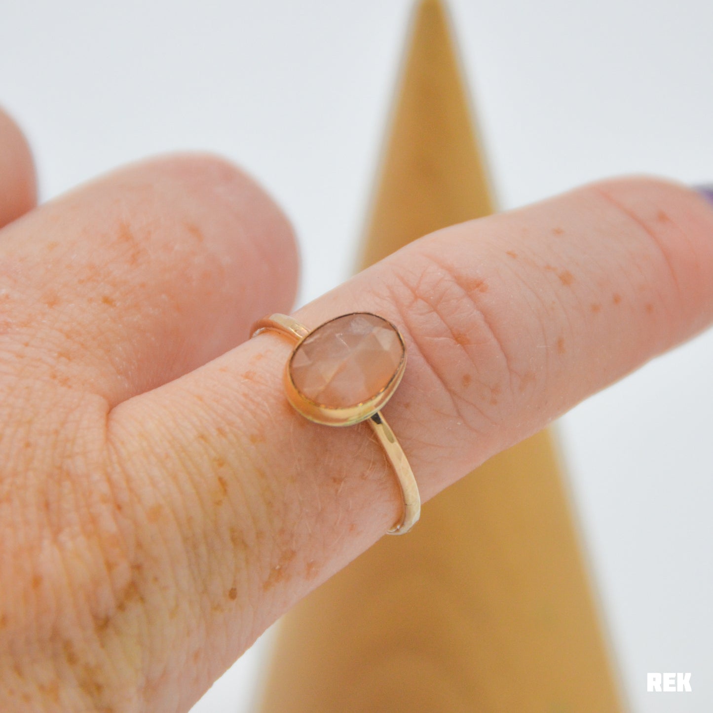 Gold fill rose cut peach moonstone size 8.5