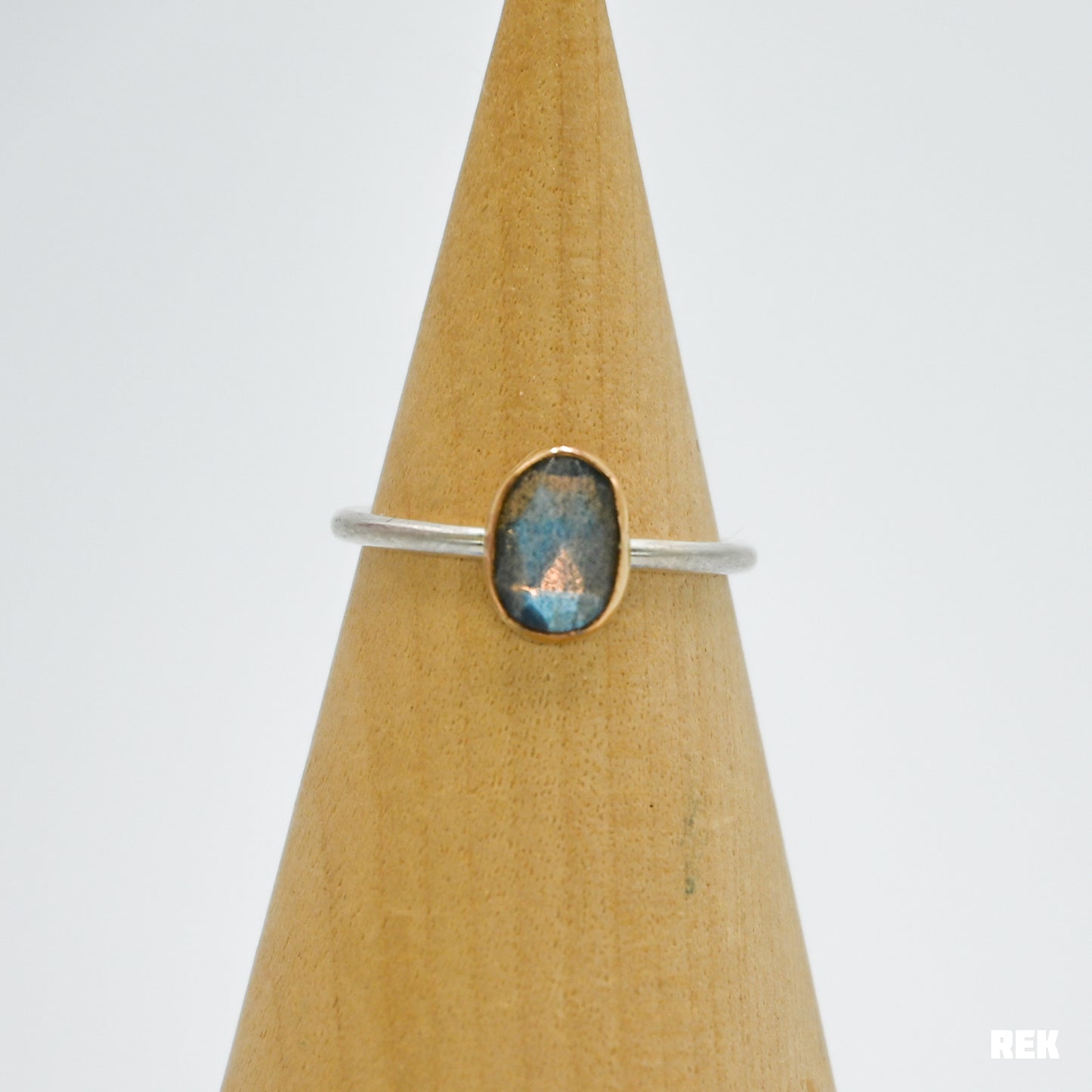 Gold fill bezel, sterling silver matte band and rose cut labradorite size 7.75