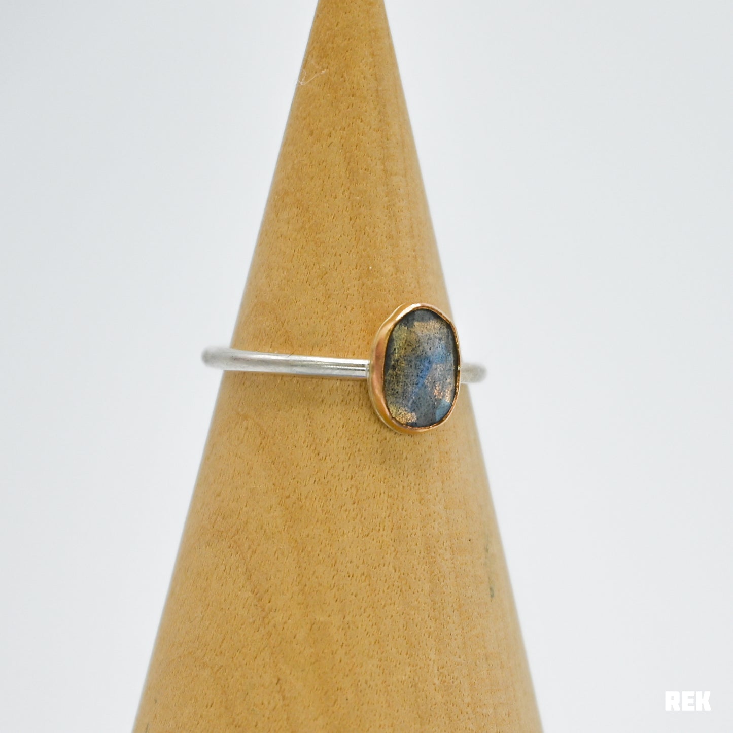 Gold fill bezel, sterling silver matte band and rose cut labradorite size 7.75
