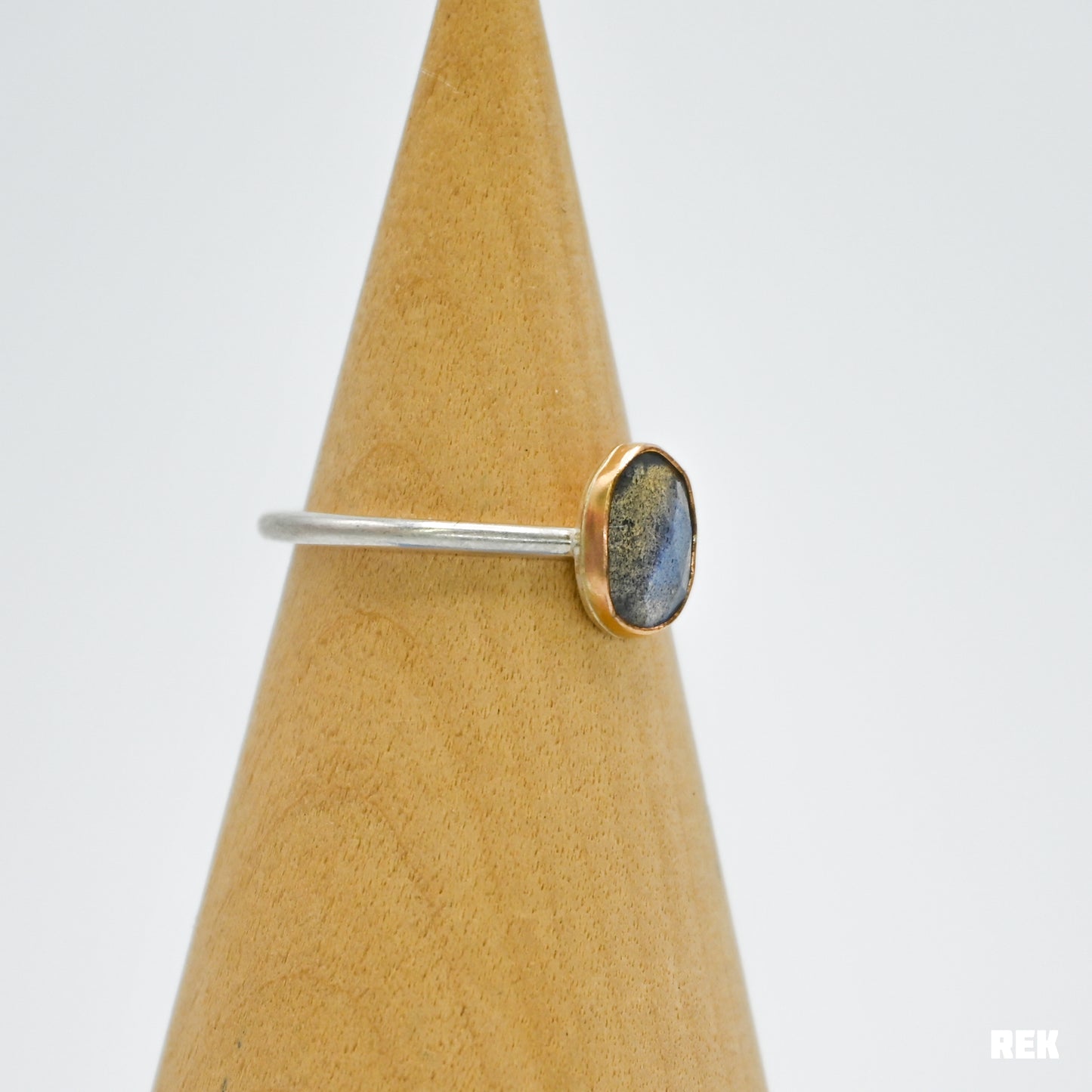 Gold fill bezel, sterling silver matte band and rose cut labradorite size 7.75