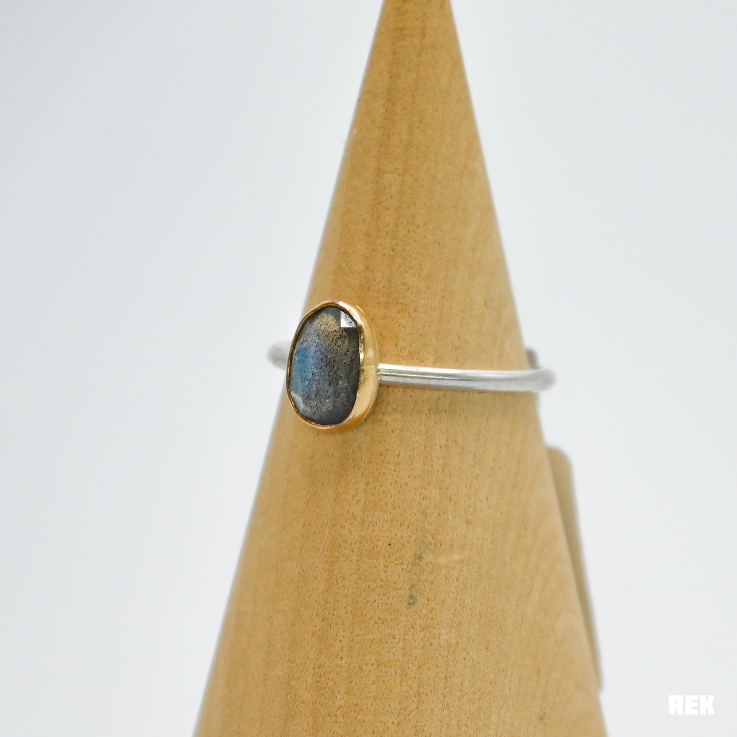 Gold fill bezel, sterling silver matte band and rose cut labradorite size 7.75