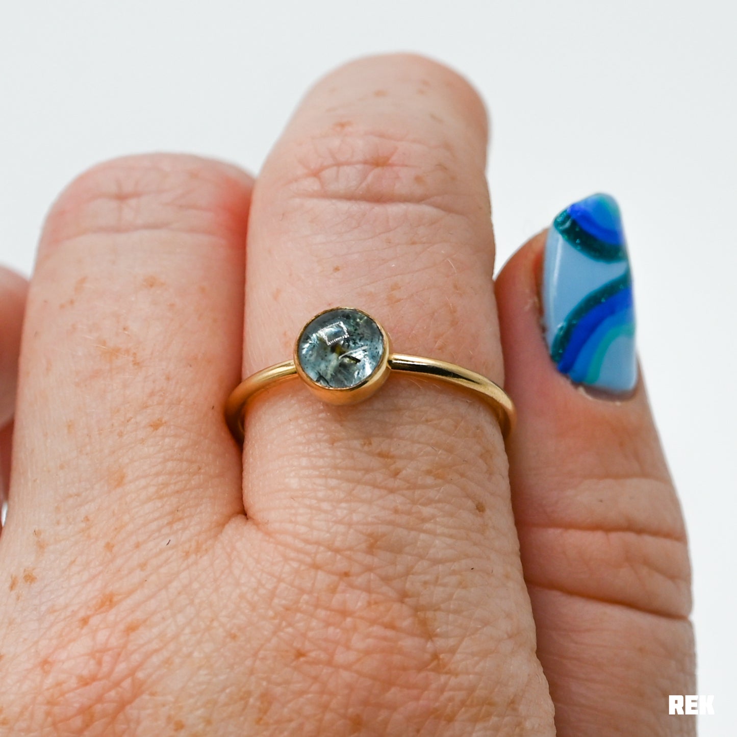 Gold fill round moss aquamarine size 9.75